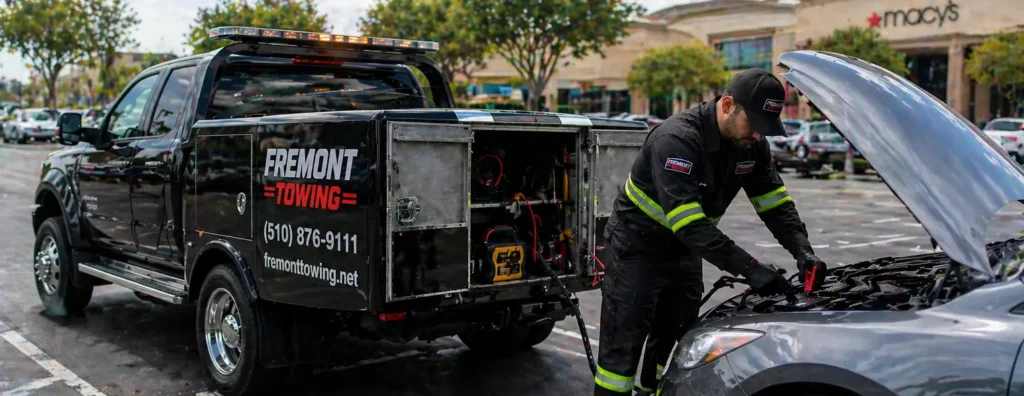 Mechanic helping dead battery jumpstart roadside assistance in shopping mall fremont, ca