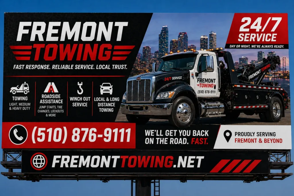 billboard sign in san Jose for towing services, fremont, ca