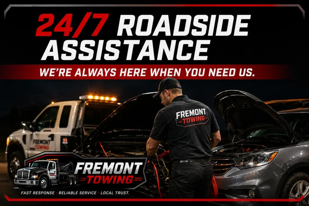 24/7 roadside assistance by Fremont Towing, technician connecting jumper cables to vehicle battery, emphasizing quick response and reliable service.