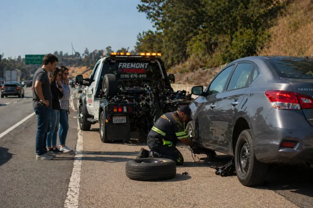 flat tire change service-freeway roadside assistance fremont, ca