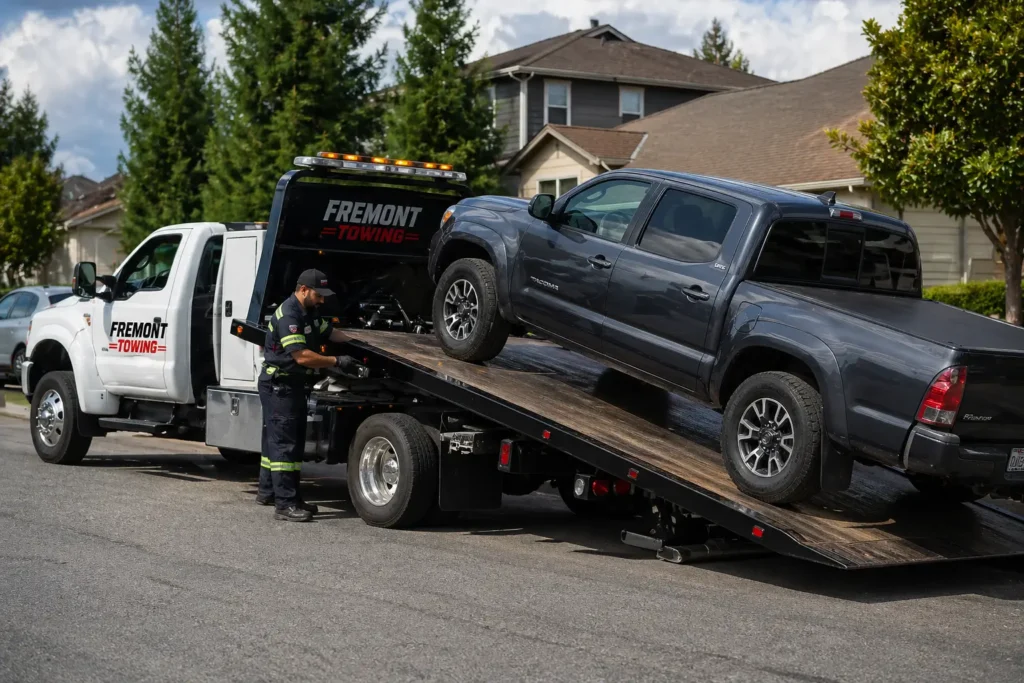 flatbed towing pickup truck long distance interstate towing from fremont ca