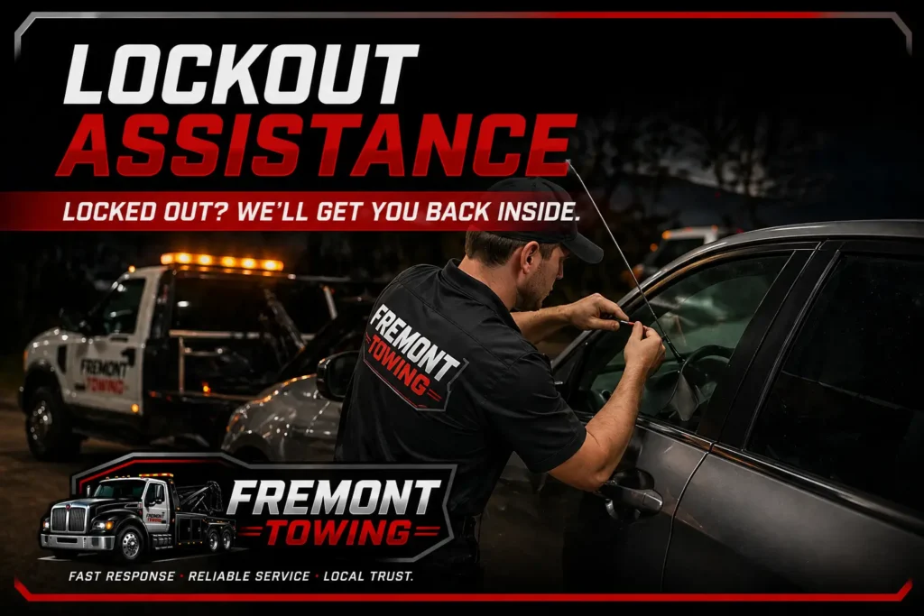 Lockout assistance service by Fremont Towing, technician unlocking a car door at night, emergency roadside assistance, fast and reliable service.