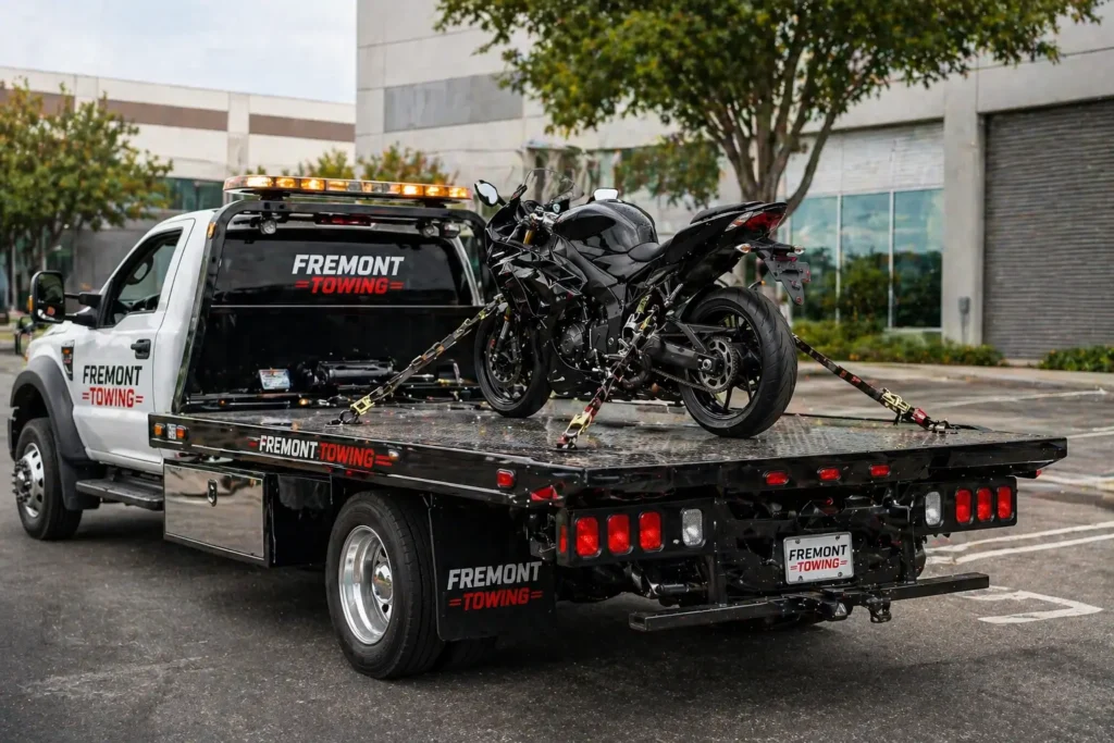 motorcycle flatbed towing on auto mall road in fremont, ca