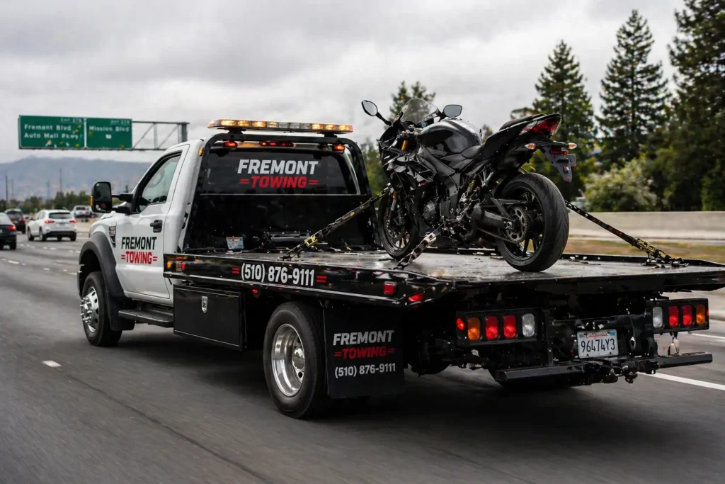 Motorcycle towing on flatbed truck in Fremont, CA - soft straps and motorcycle cradle