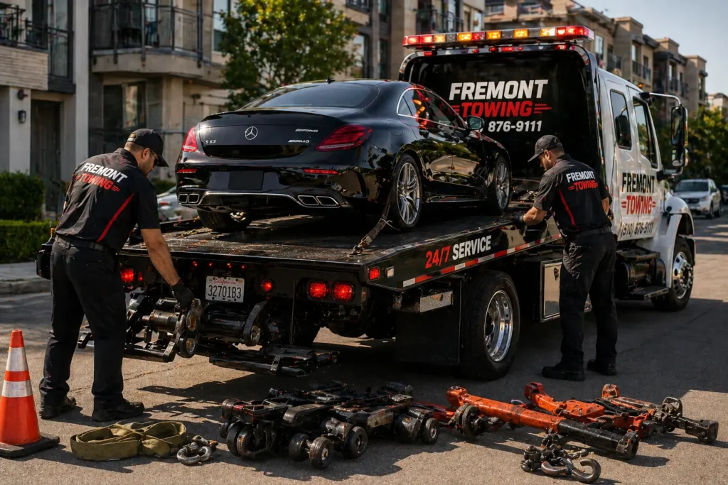 fremont towing accident recovery service flatbed truck loading car collision scene