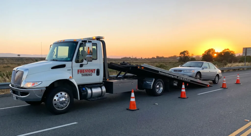 accident recovery flatbed tow truck loading damaged car fremont ca