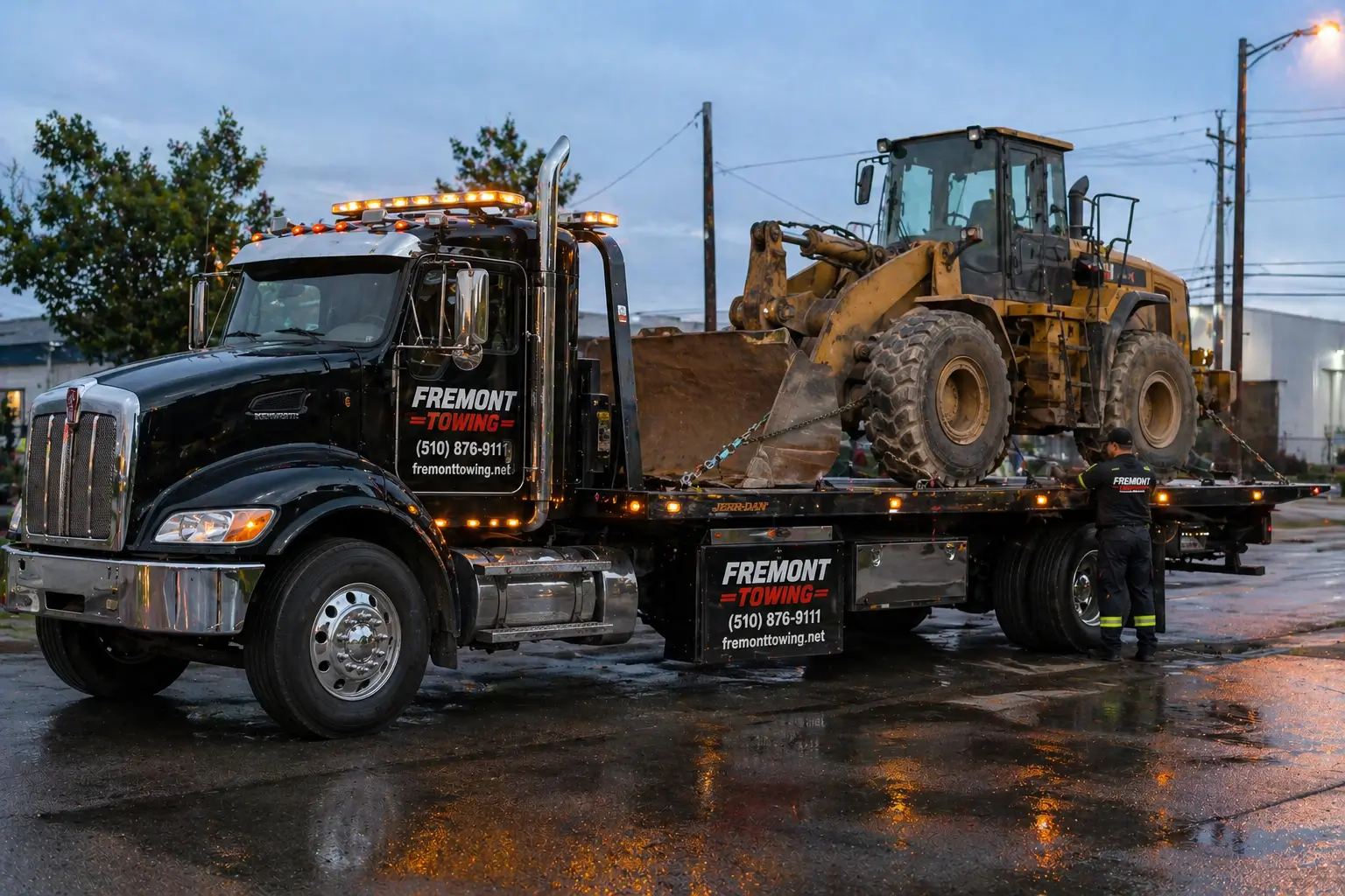 Heavy-duty rotator tow truck for semi-truck and equipment recovery in Fremont, CA