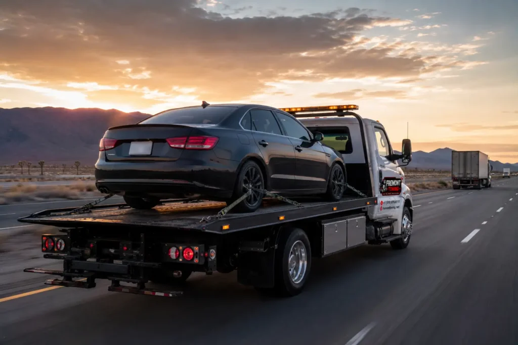 Desert highway tow truck at sunset long distance towing from fremont to Las Vegas