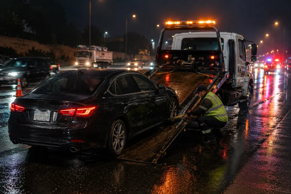 Fremont Towing flatbed tow truck loading a vehicle on I-880 near Auto Mall