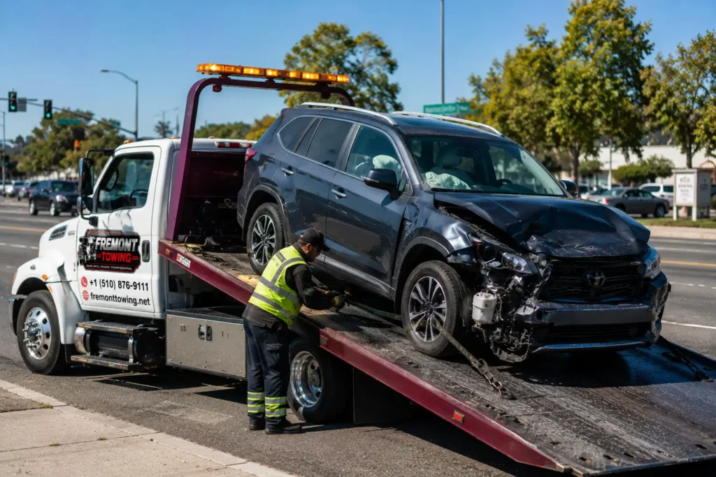 accident recovery flatbed tow truck loading damaged car fremont ca i-880