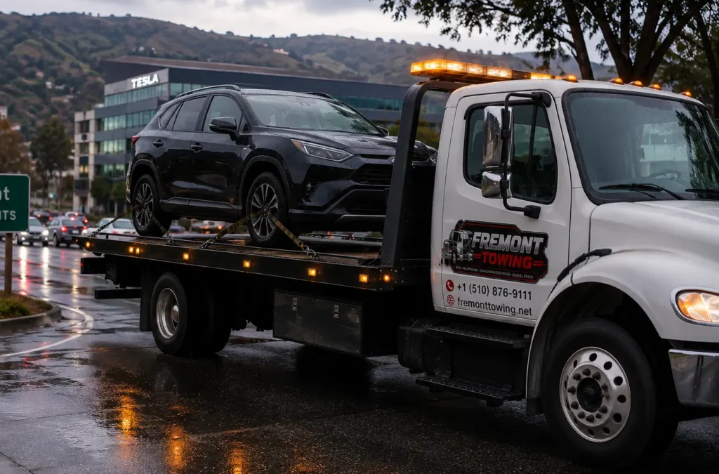 Tow truck at dusk on wet street near union city, ca