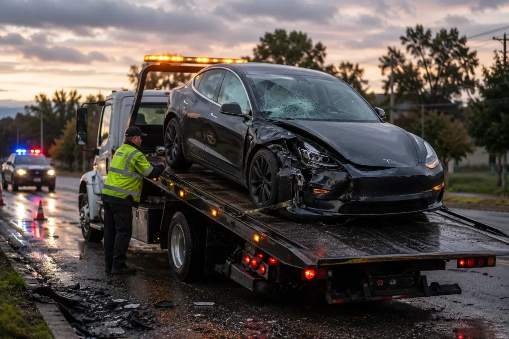 accident recovery flatbed tow truck loading damaged car fremont