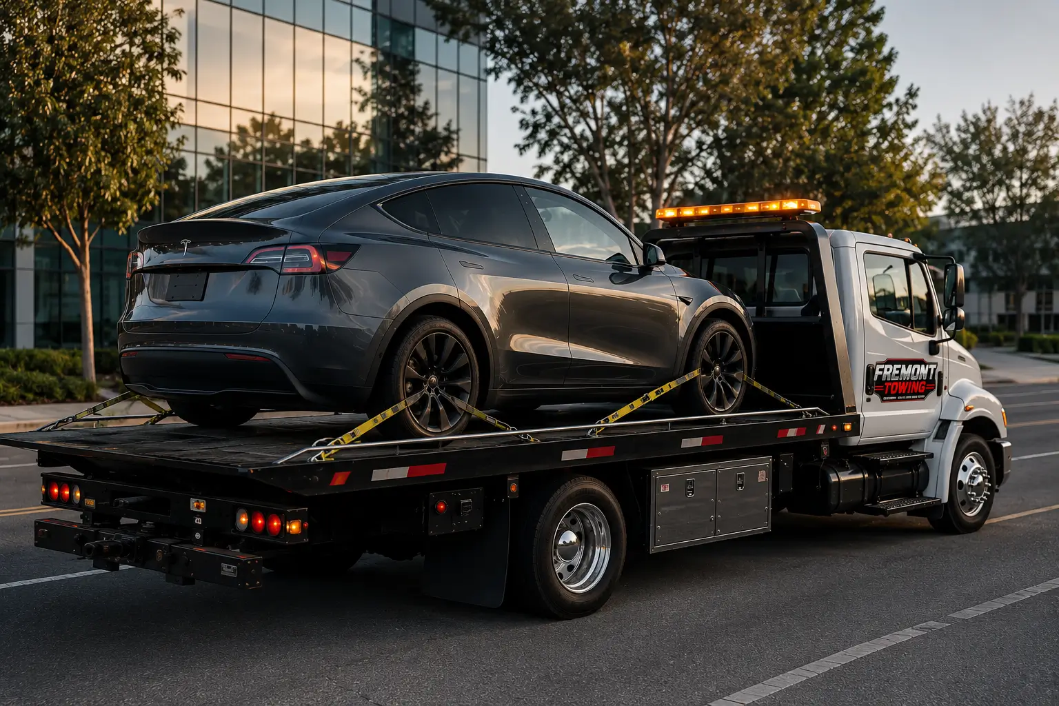 Tow truck carrying electric vehicle at dusk