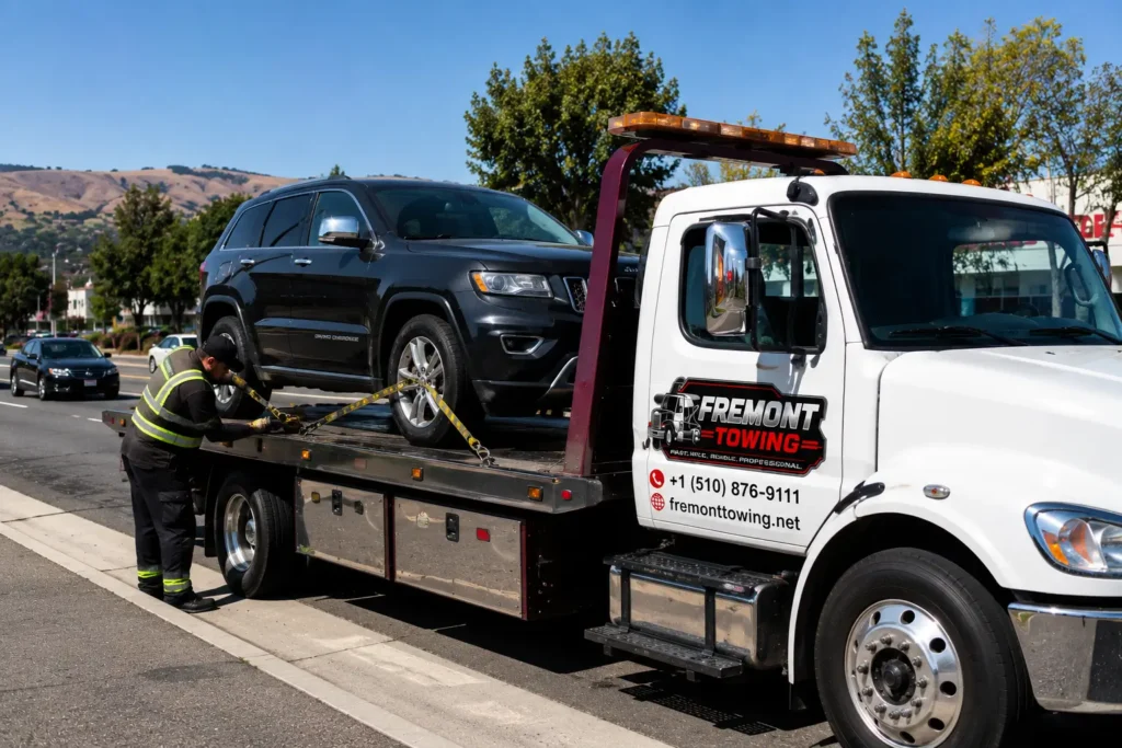 Tow truck in action on sunny roadside