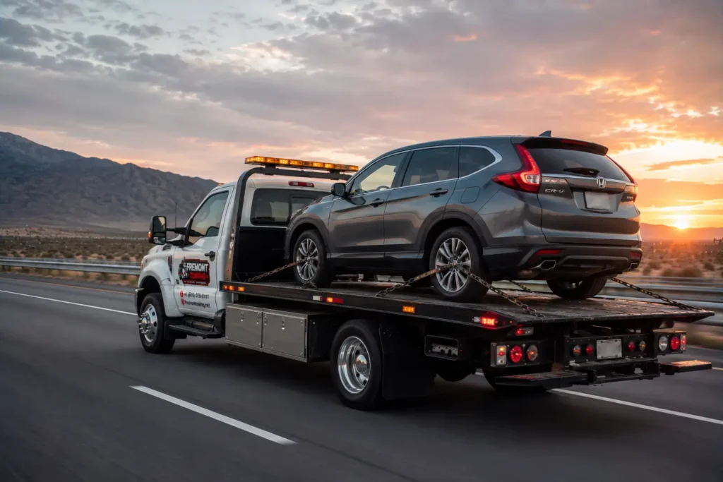 Tow truck on highway at sunset on i-880 freeway