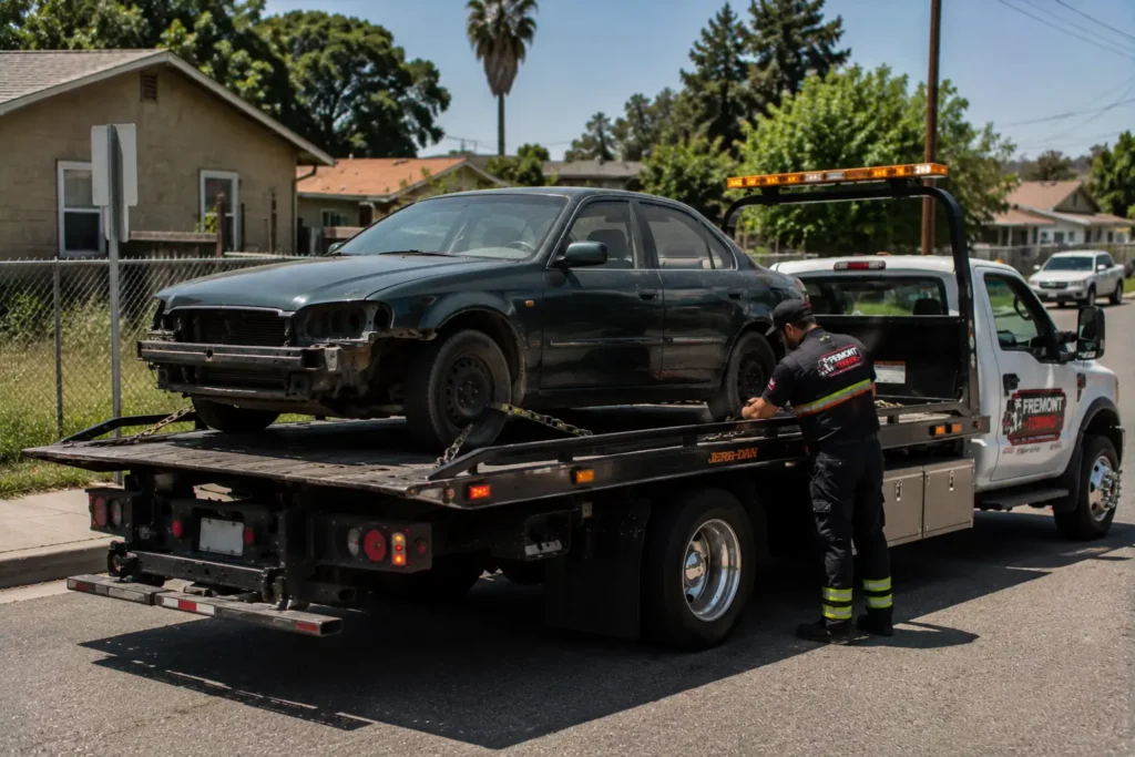 Tow truck with damaged sedan on Fremont st, junk car removal