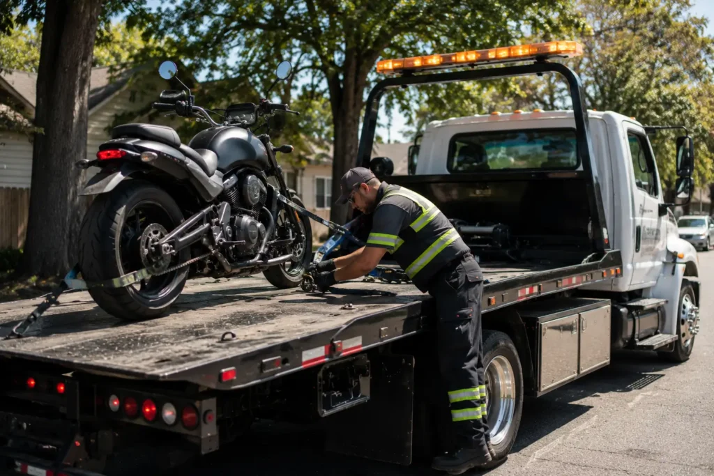 Tow truck worker securing motorcycle on fremont street