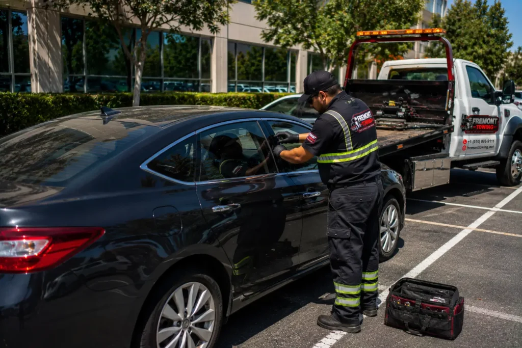 Tow worker assisting vehicle, locked out of car in fremont office parking lot