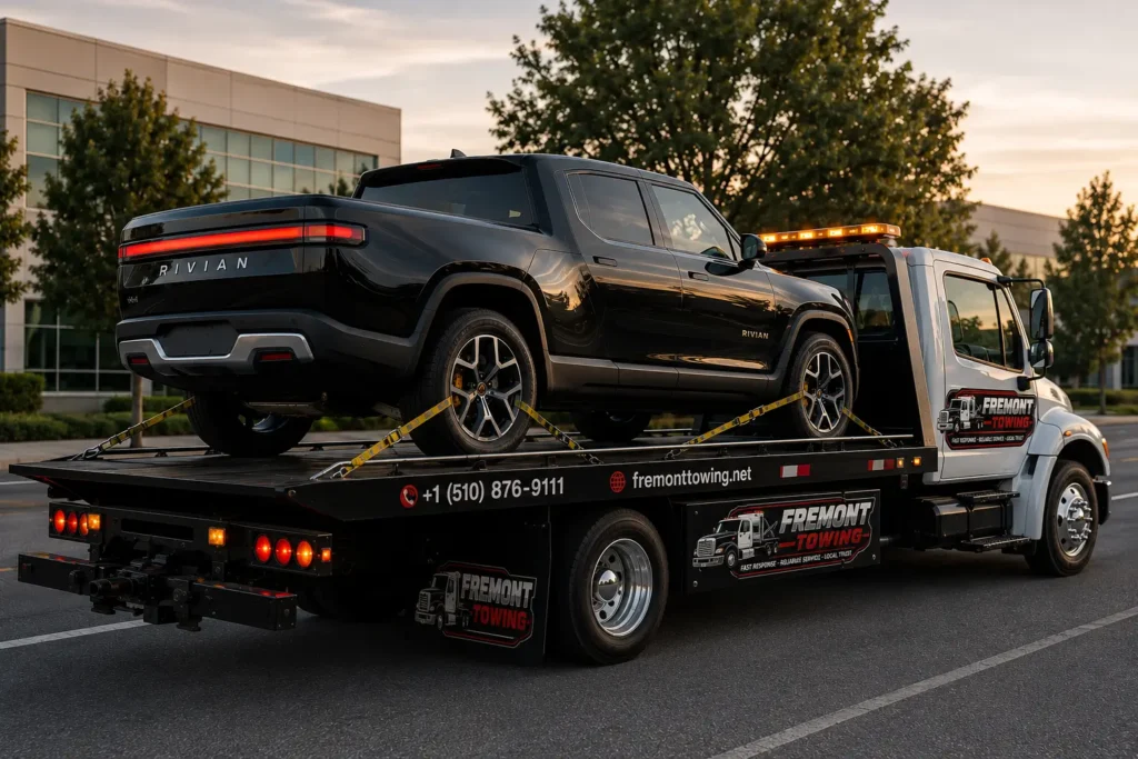 Towing a Rivian at sunset in fremont Mowry office