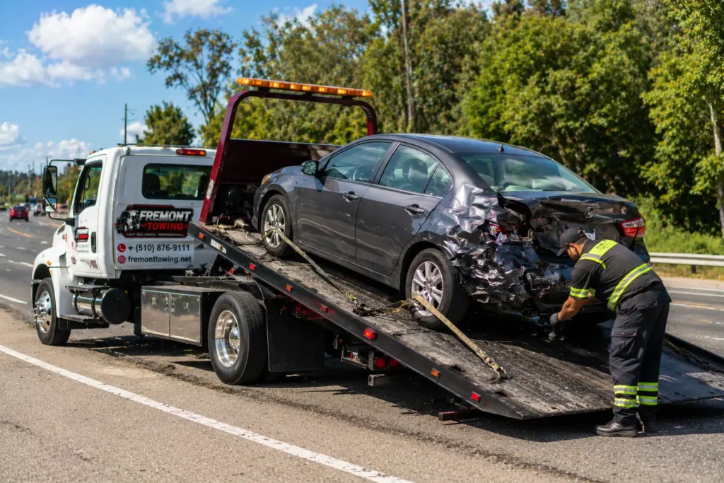 Towing a damaged car on a sunny day in Milpitas, ca