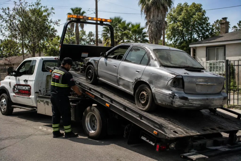 Towing a damaged junk sedan on Mowry Ave in Fremont, CA