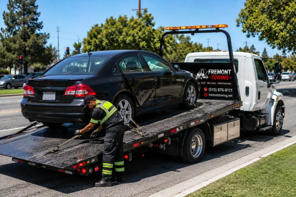 Towing a damaged sedan on a sunny street in Newark, ca