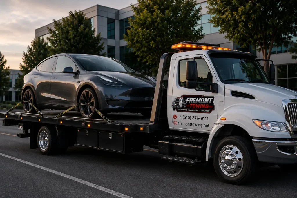 Towing a sleek Tesla electric vehicle at dusk in fremont, ca